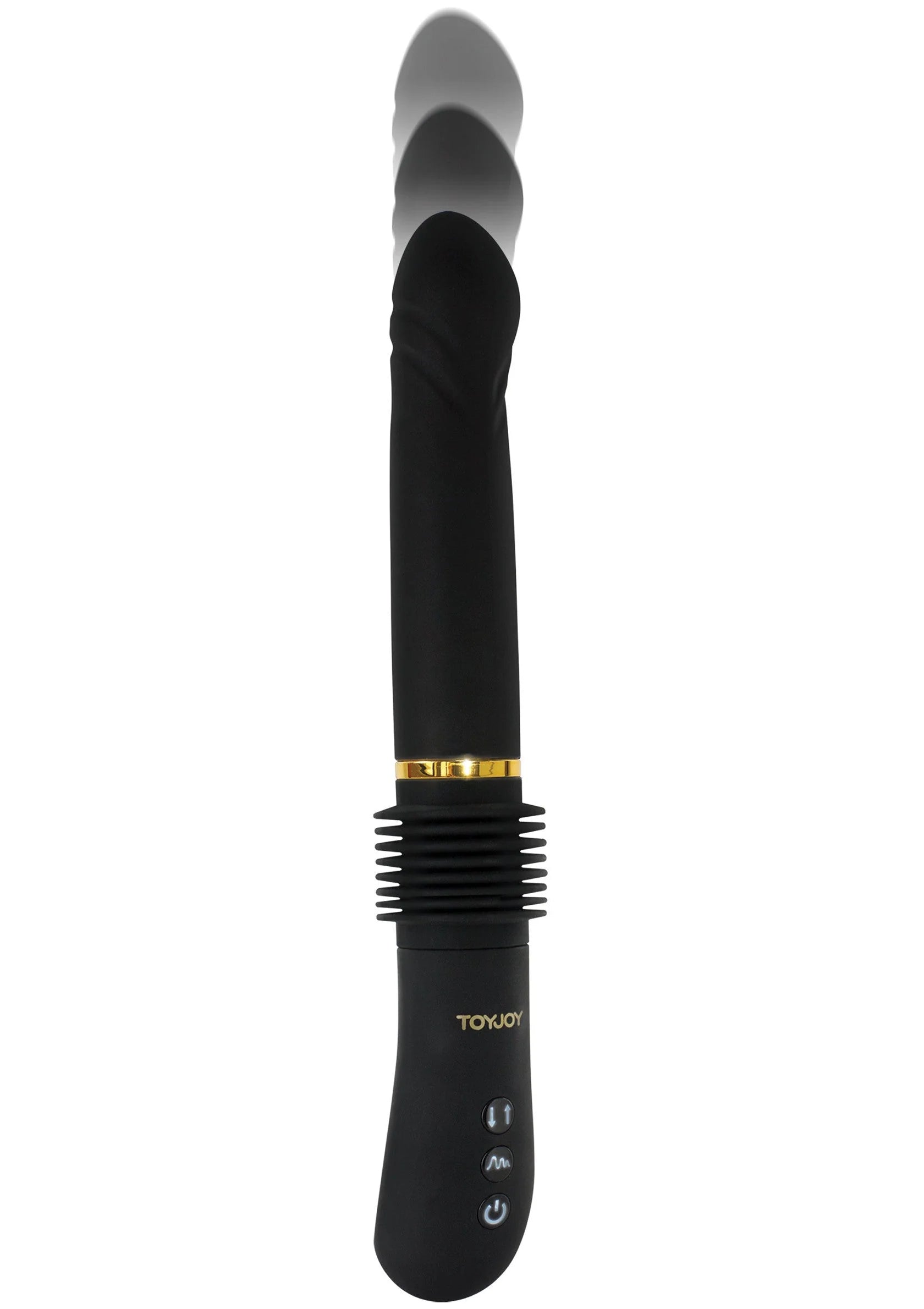 Zwarte ToyJoy thruster-vibrator met gouden ring en knoppen