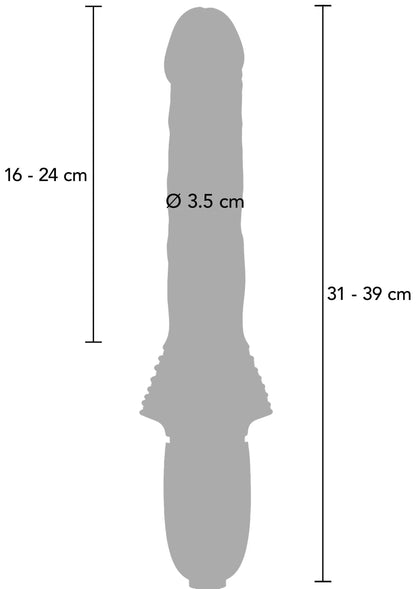Afmetingen-silhouet van zwarte vibrator: 16–24 cm, Ø 3,5 cm, 31–39 cm