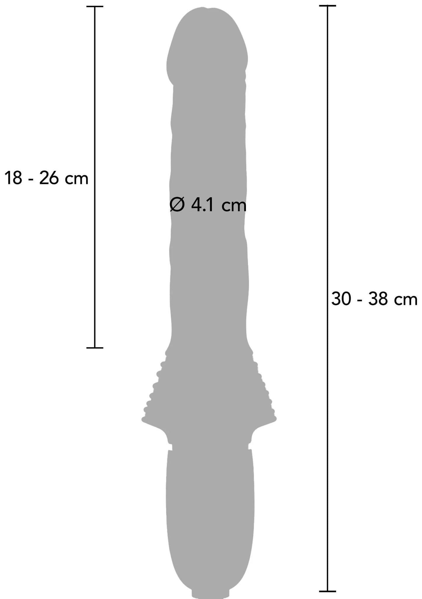 Zilverkleurige silhouetafmeting van vibrator, diameter 4,1 cm; lengte 30–38 cm