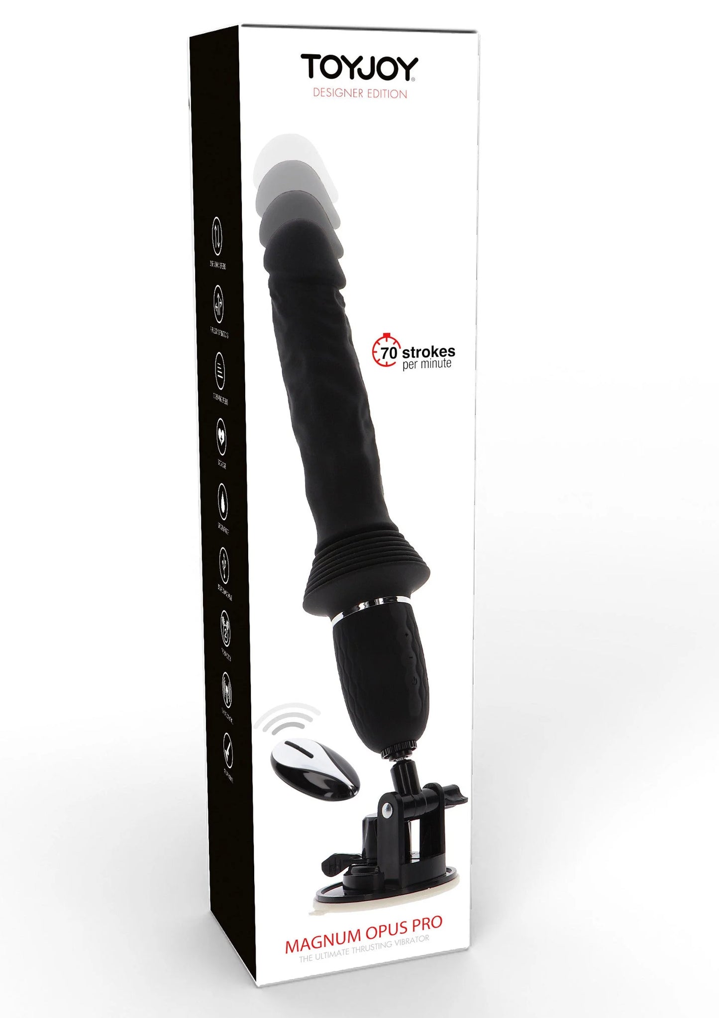 Zwarte vibrator op doos met TOYJOY-logo, inclusief zuignapbasis en ovale bedieningsschijf