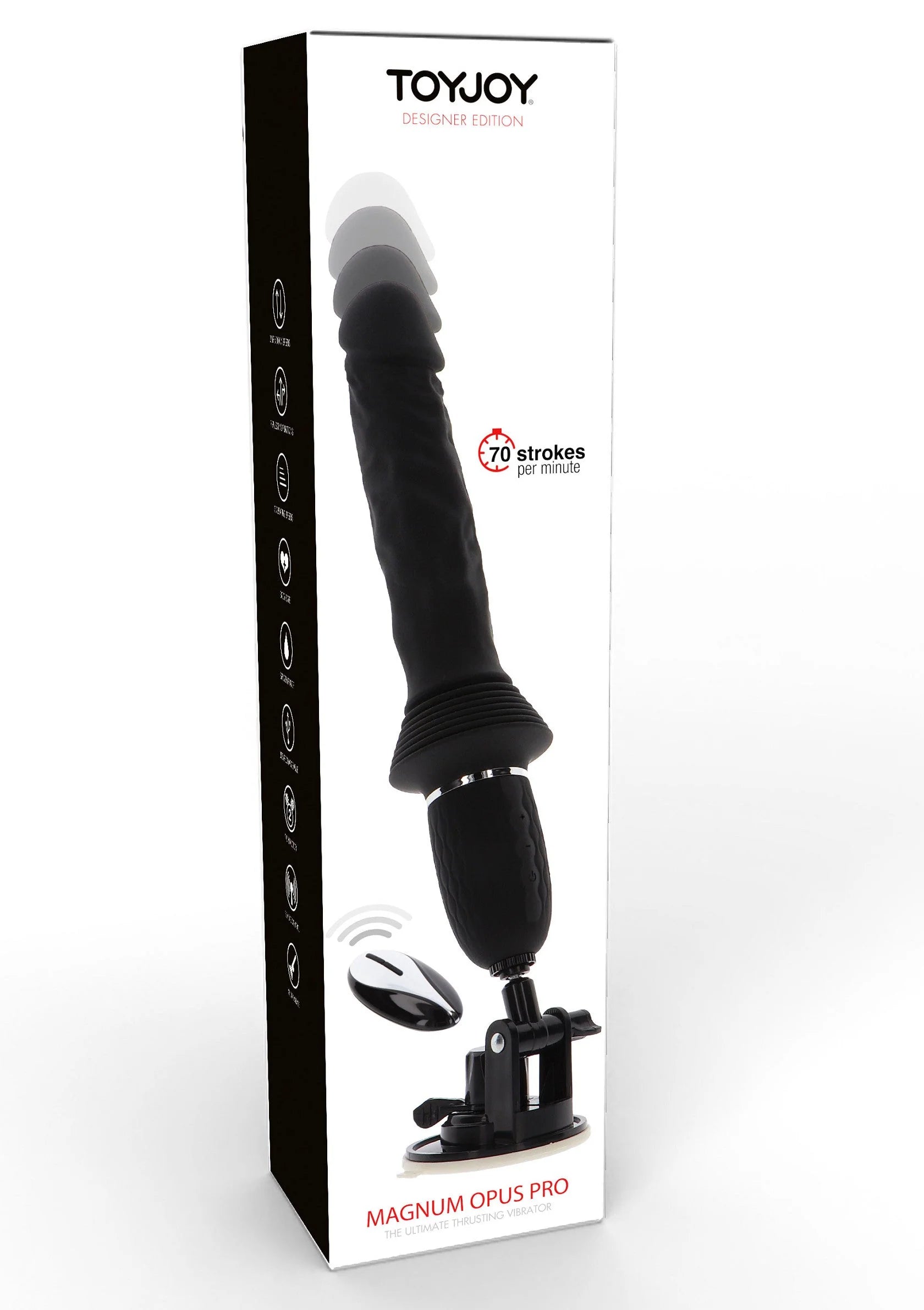 Zwarte vibrator op doos met TOYJOY-logo, inclusief zuignapbasis en ovale bedieningsschijf