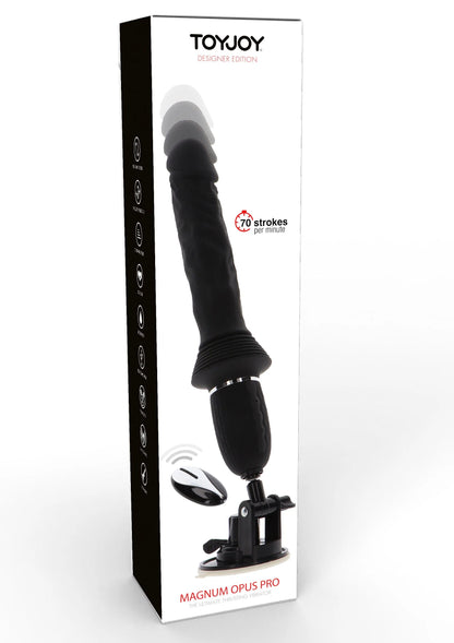 Zwarte vibrator op doos met TOYJOY-logo, inclusief zuignapbasis en ovale bedieningsschijf