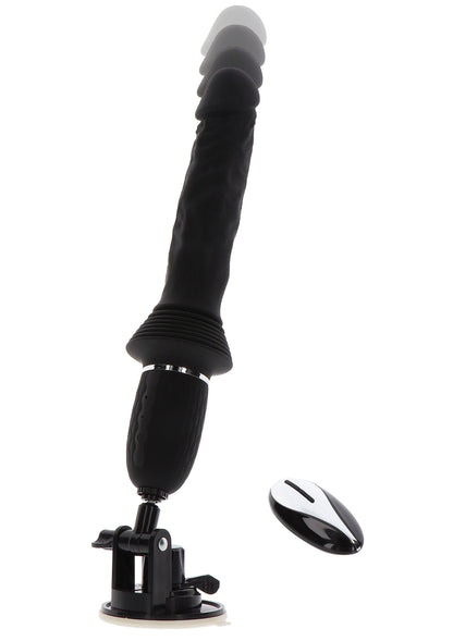 Zwarte vibrator met ribbelring aan de steel en zuignapbasis, los ovale bedieningsschijf