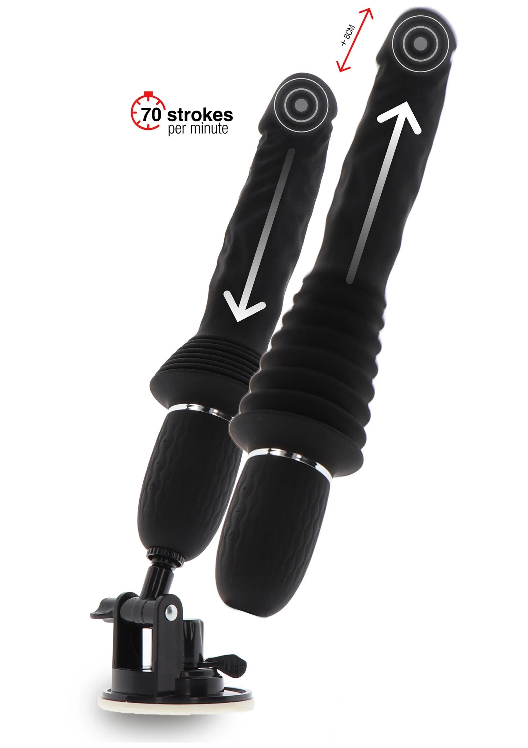 Zwarte vibrator met ribbelstructuur en zuignapbasis, met pijlen naar cilinder en kop