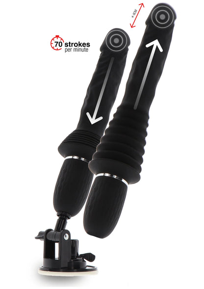 Zwarte vibrator met ribbelstructuur en zuignapbasis, met pijlen naar cilinder en kop