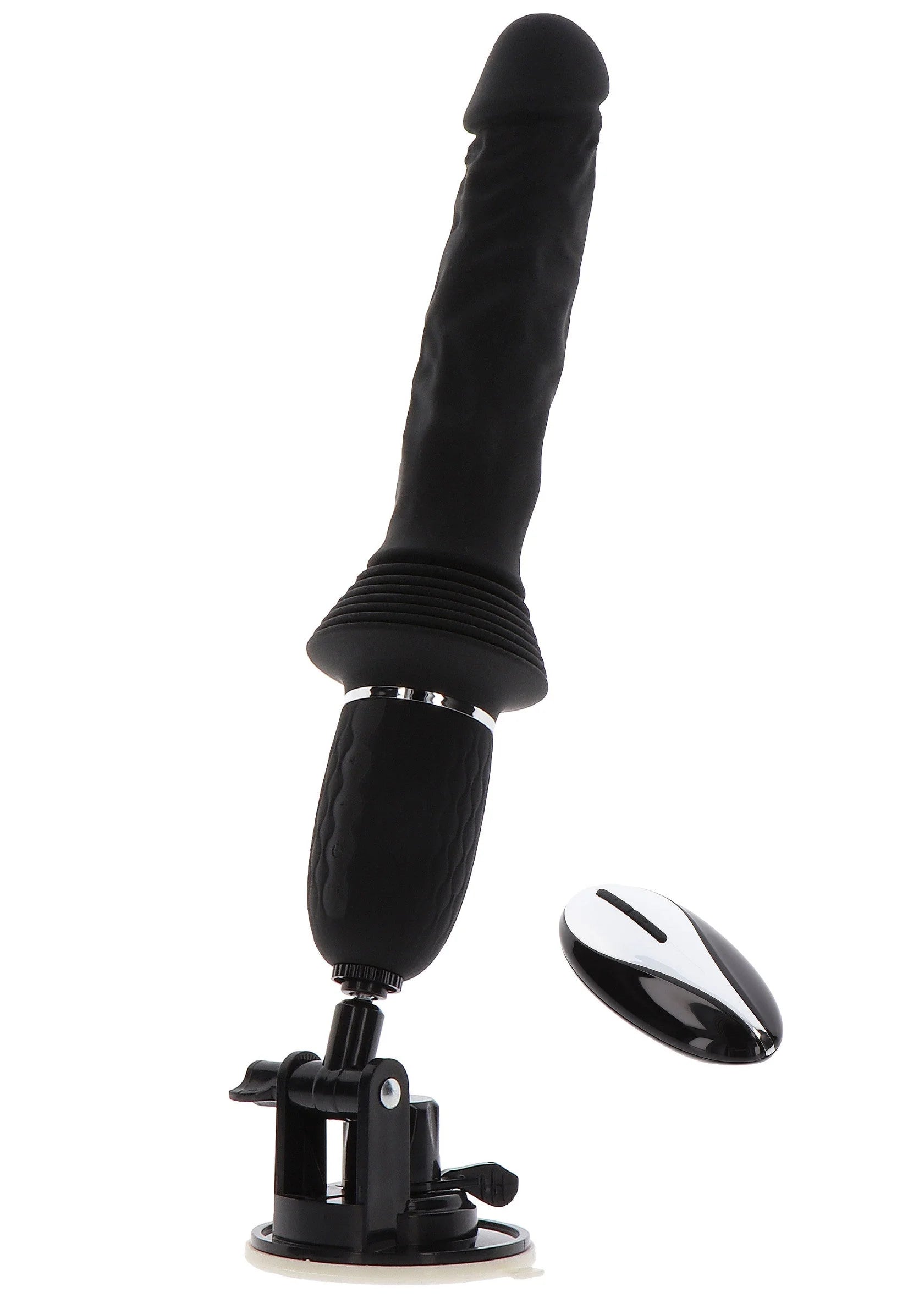 Zwarte vibrator met gladde, geprofileerde greep en zuignapbasis, met ovale bedieningsschijf