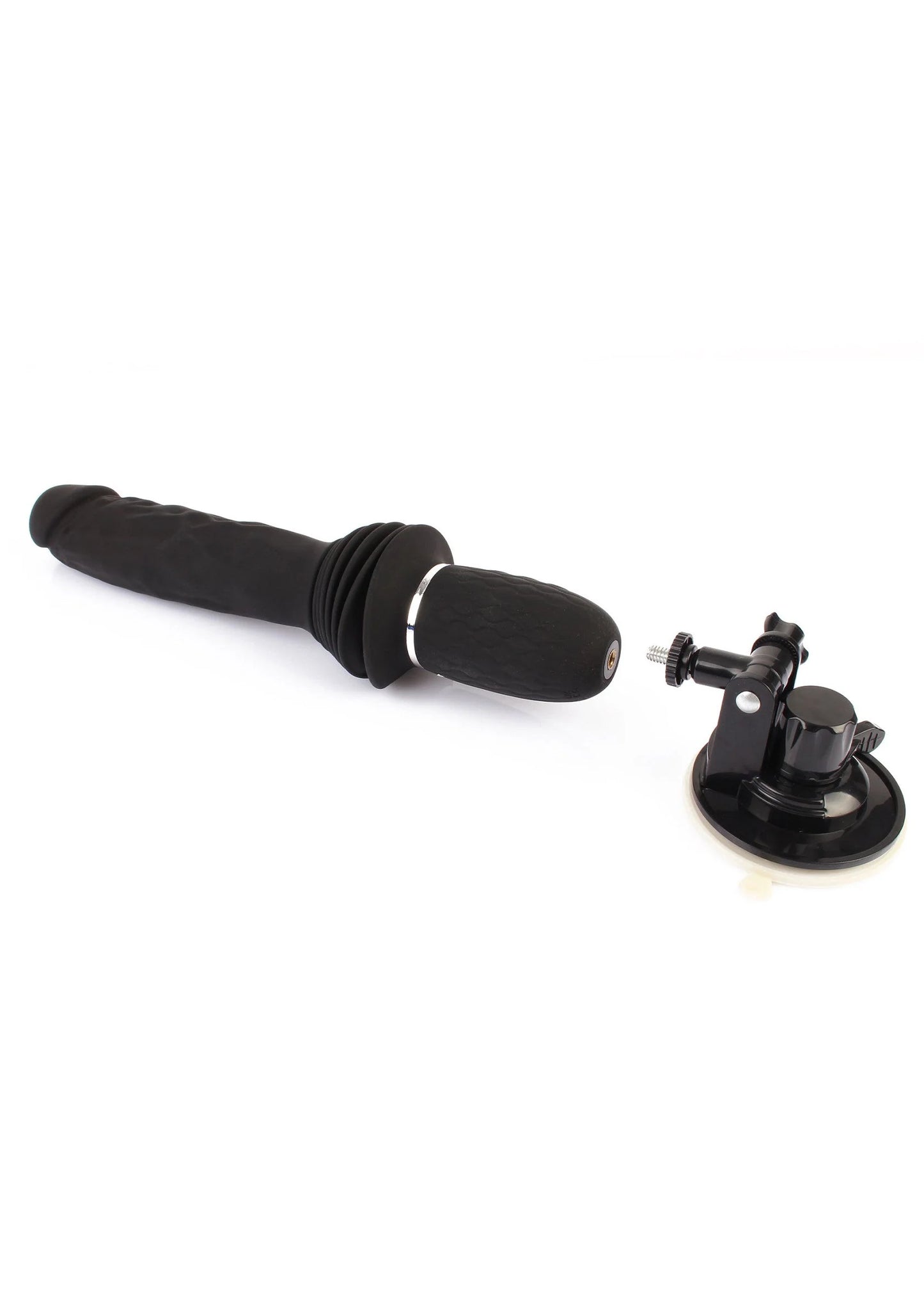 Zwarte vibrator met ribbelgreep en zuignapbasis, liggend met doprand aan de kop
