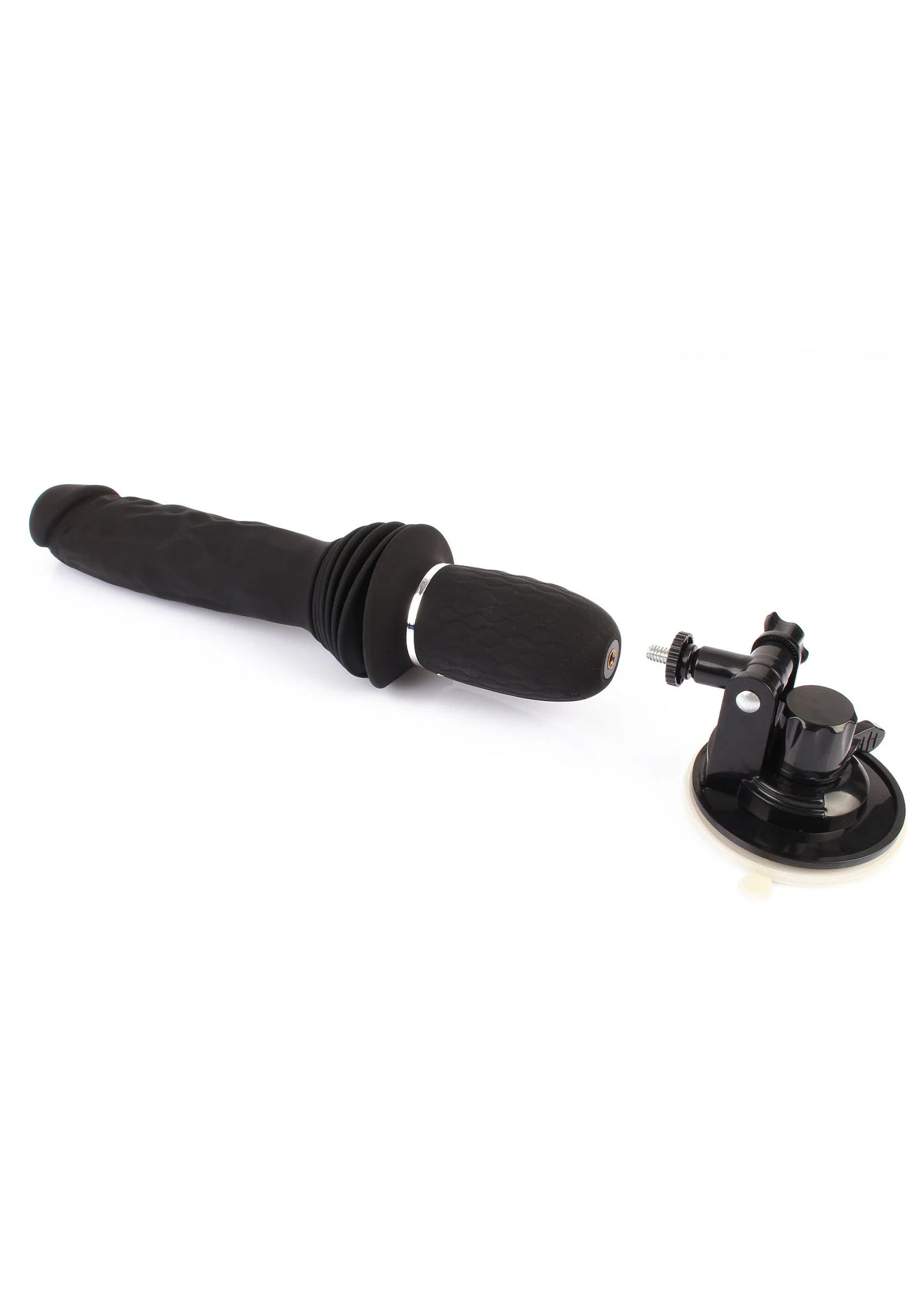 Zwarte vibrator met ribbelgreep en zuignapbasis, liggend met doprand aan de kop