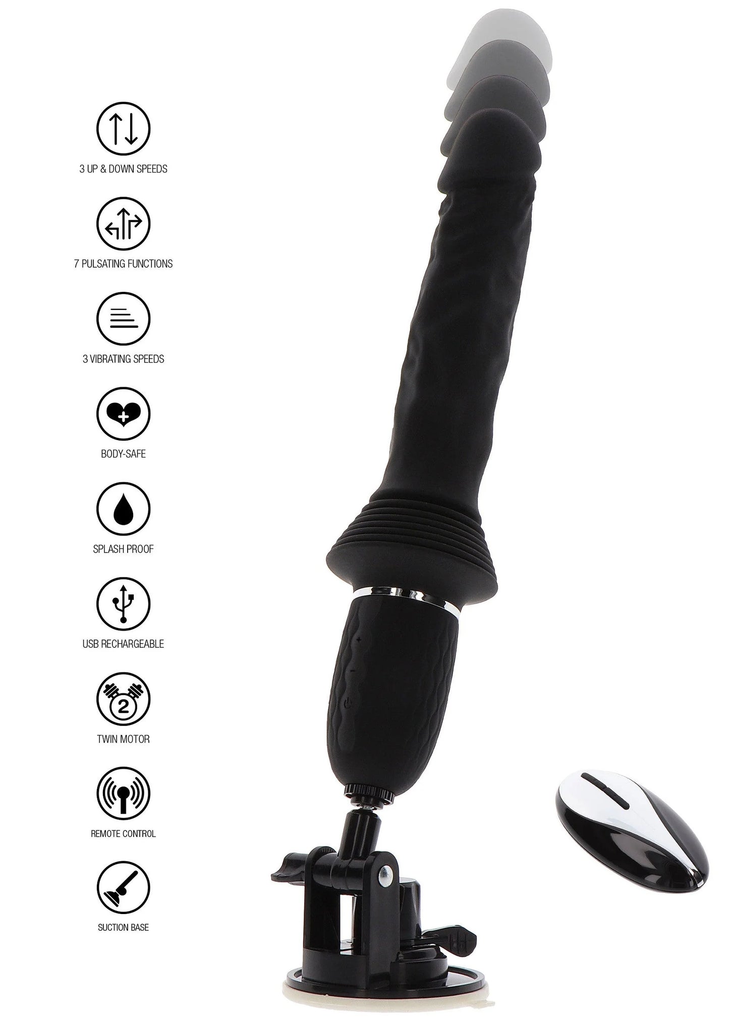 Zwarte vibrator op zuignapbasis met ovale bedieningsschijf, staand met pictogramfuncties
