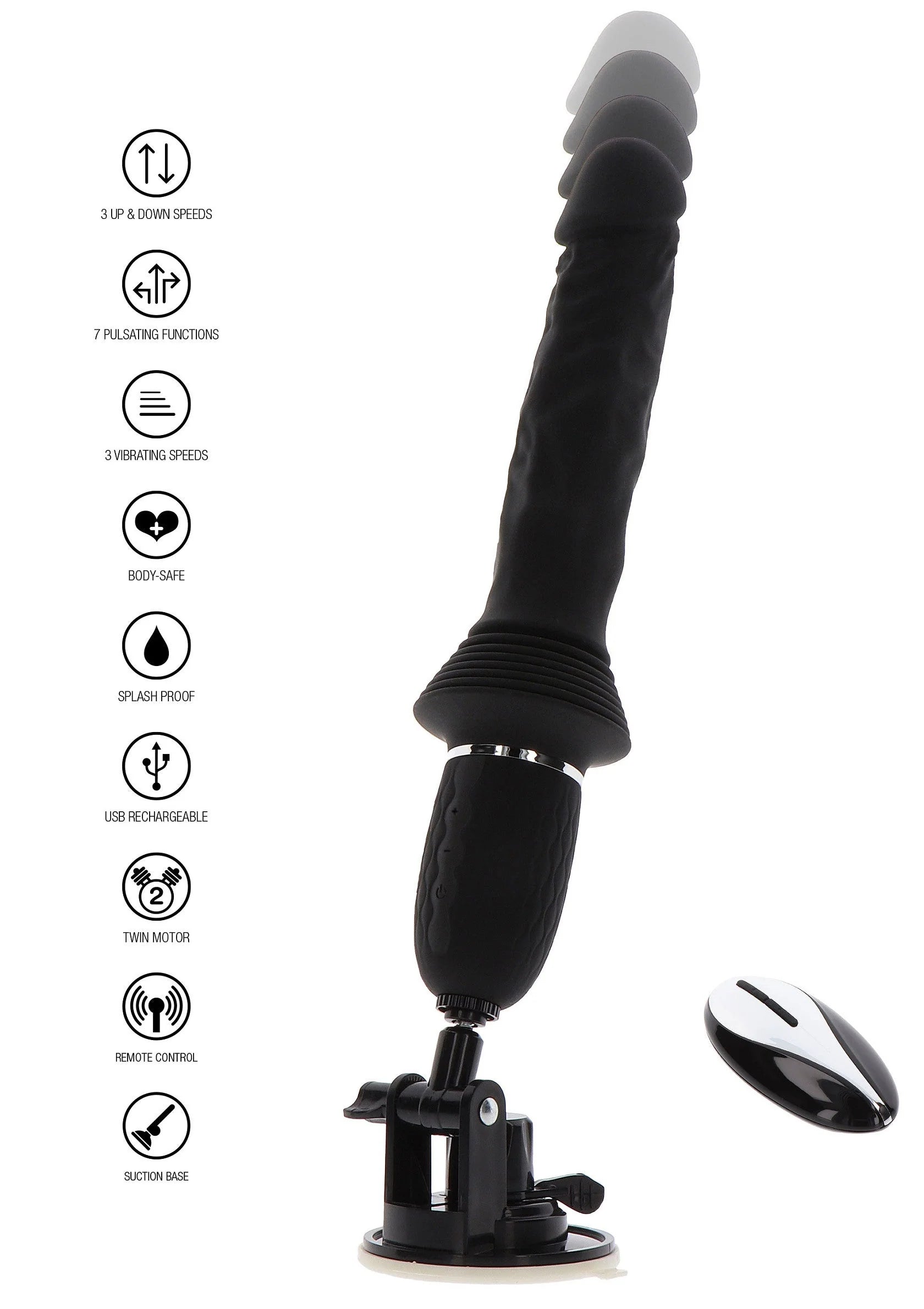 Zwarte vibrator op zuignapbasis met ovale bedieningsschijf, staand met pictogramfuncties