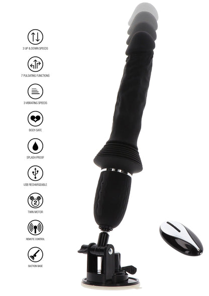 Zwarte vibrator op zuignapbasis met ovale bedieningsschijf, staand met pictogramfuncties