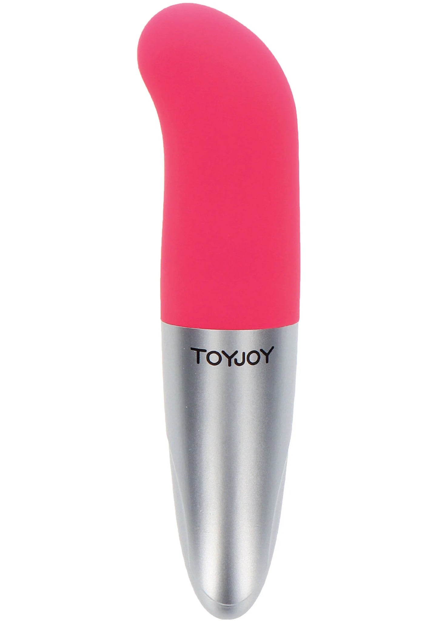 Roze G-spot vibrator met zilveren onderkant en TOYJOY-label, compacte vorm.
