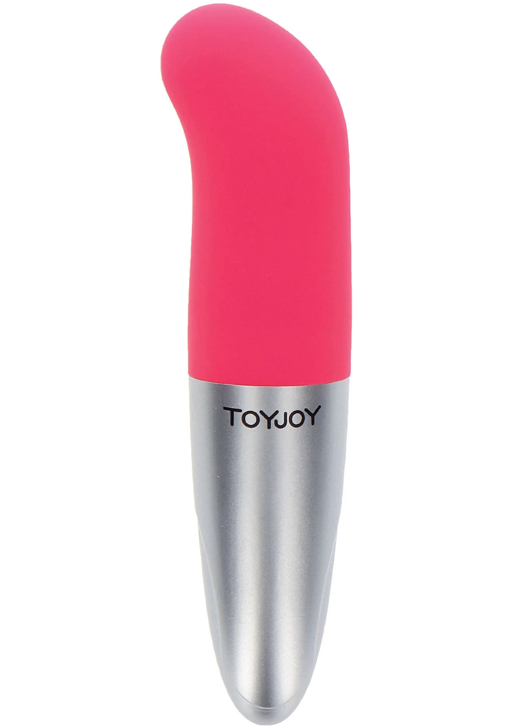 Roze G-spot vibrator met zilveren onderkant en TOYJOY-label, compacte vorm.