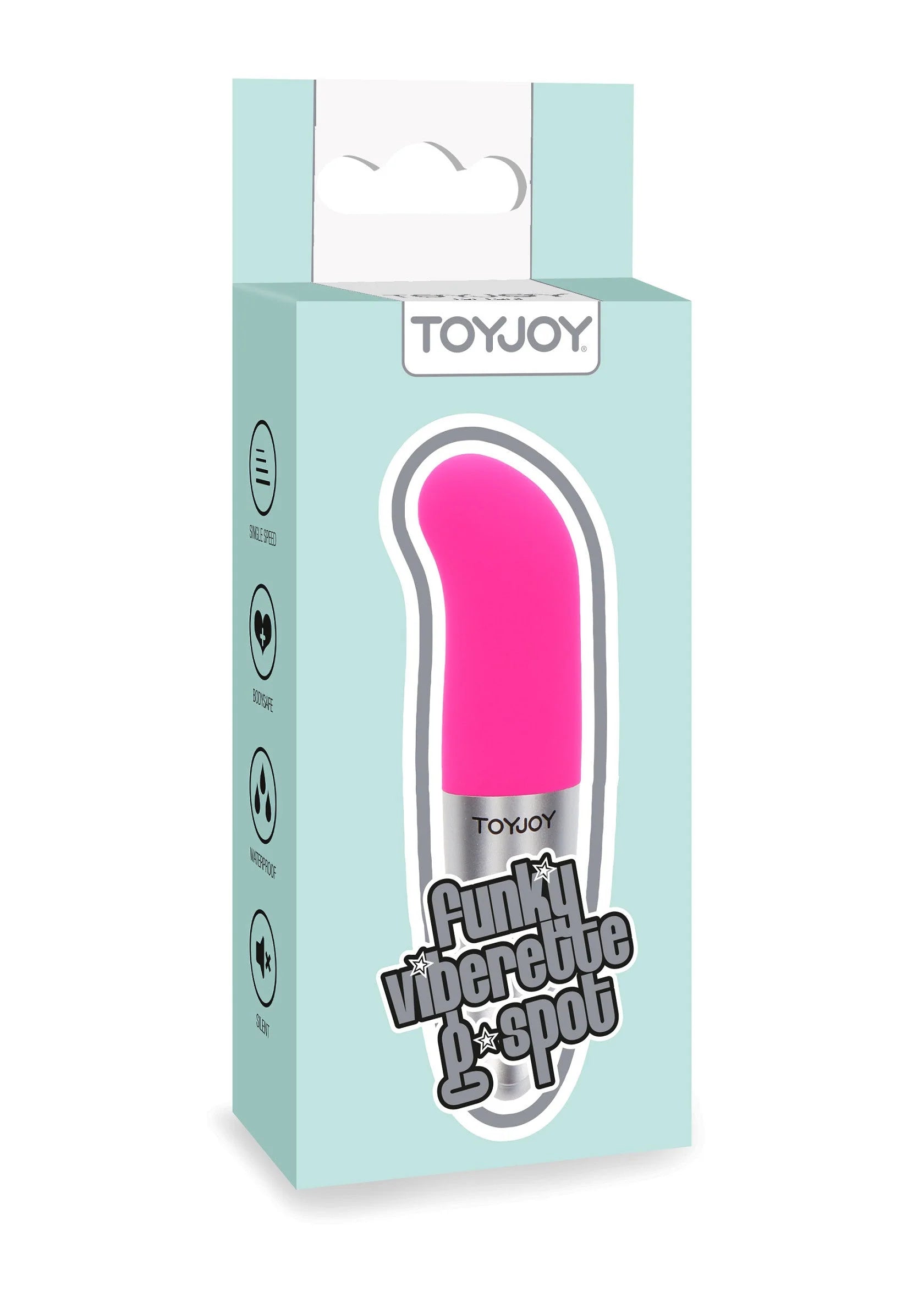 Roze Viberette G-spot vibrator op doos, ToyJoy logo