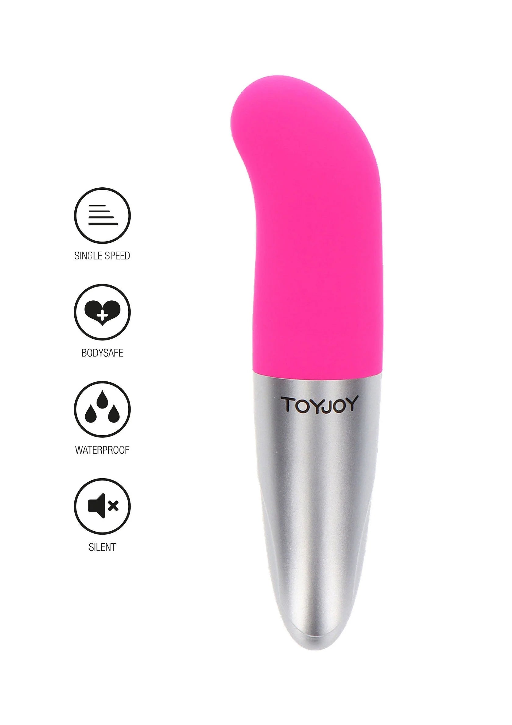Roze G-spot vibrator met pictogrammen voor één snelheid, body-safe, waterdicht en stil.