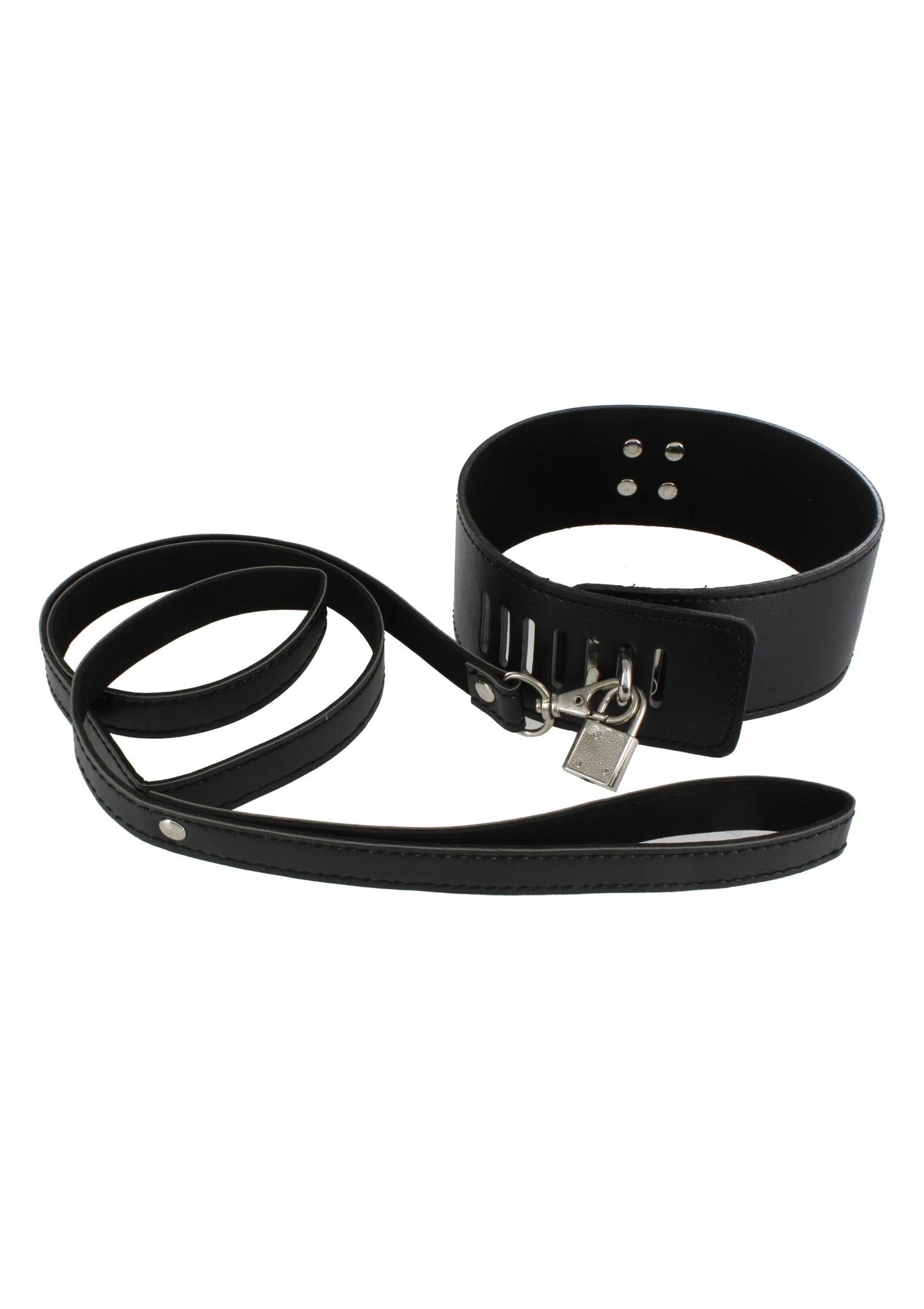 Zwarte halsband set met riemen en metalen gespen, met bijbehorende band