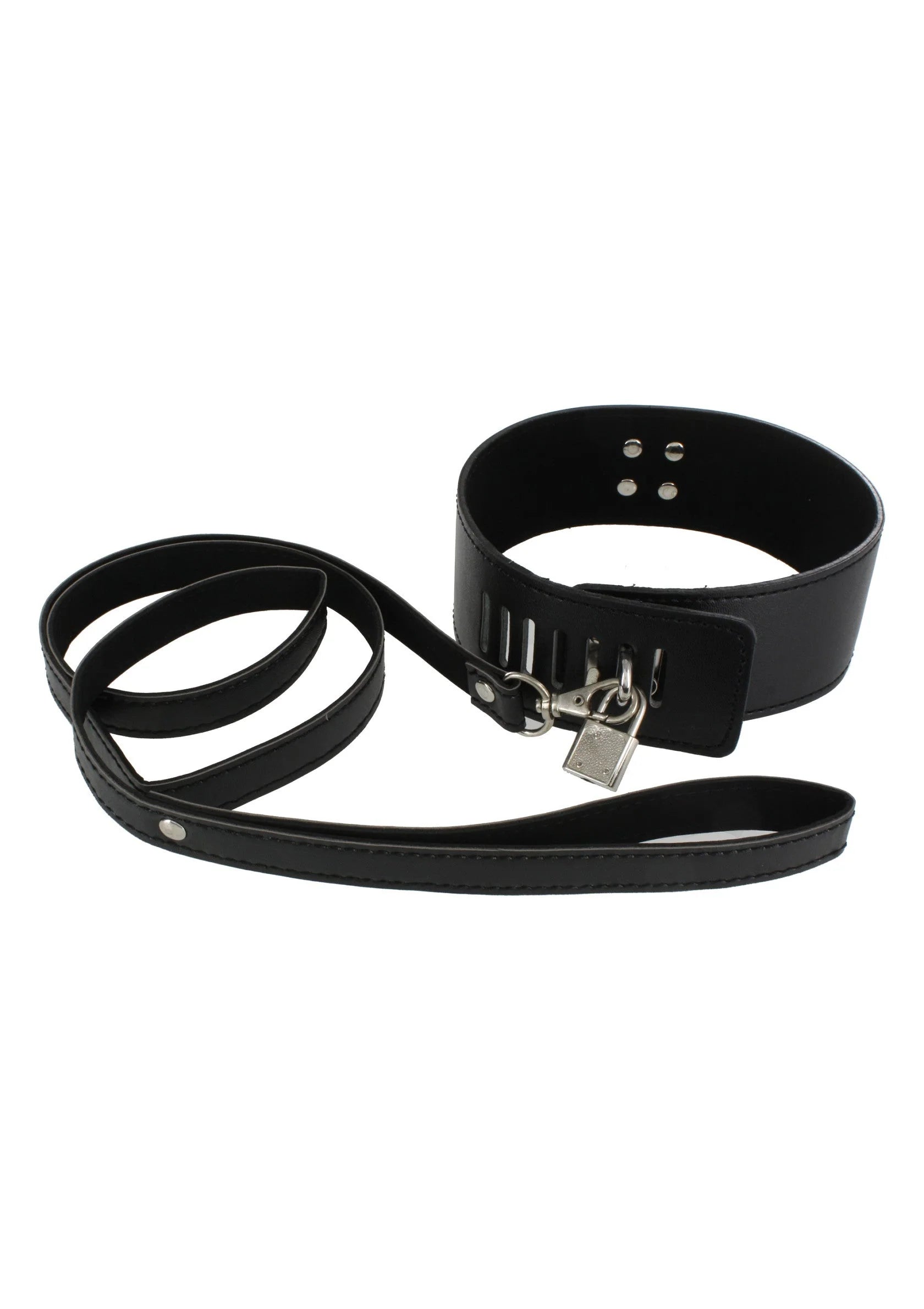 Zwarte halsband set met riemen en metalen gespen, met bijbehorende band
