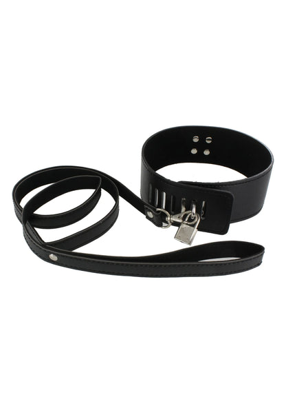 Zwarte halsband set met riemen en metalen gespen, met bijbehorende band