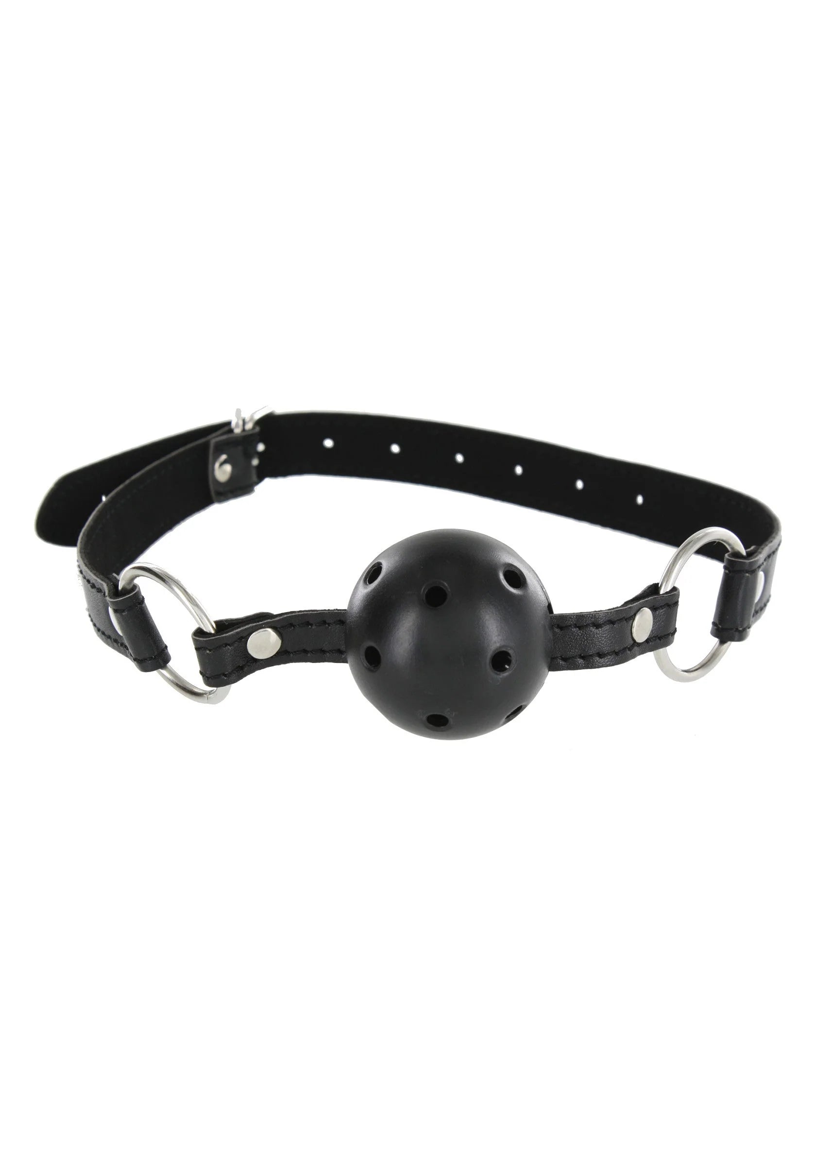 Zwarte ball-gag met ronde mondkap en verstelbare banden met ringen