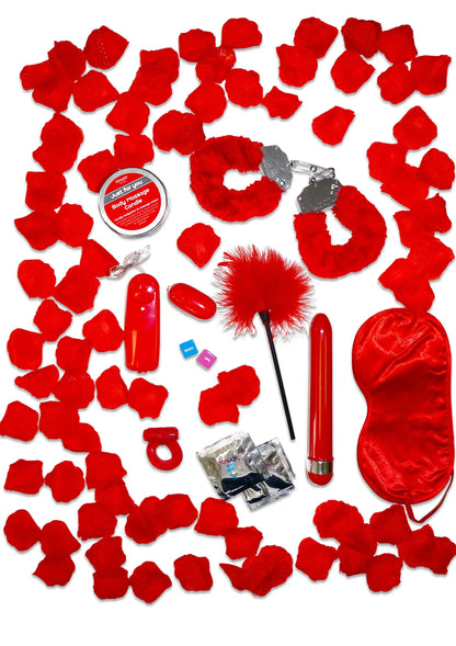 Accessoireset met rode rozenblaadjes en kleine items in rood en zilver.