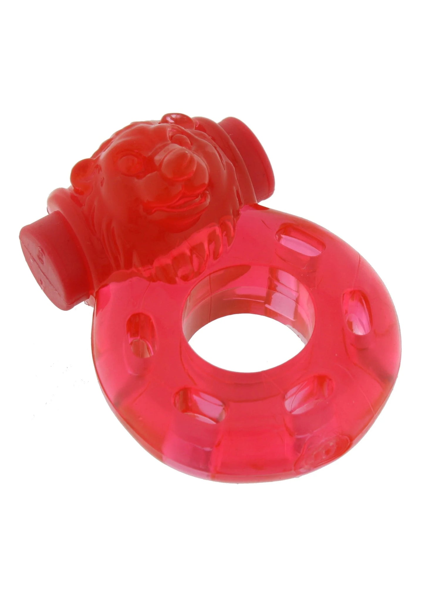 Transparant rode mondvormige vibrator met reliëf en bloemdetail.