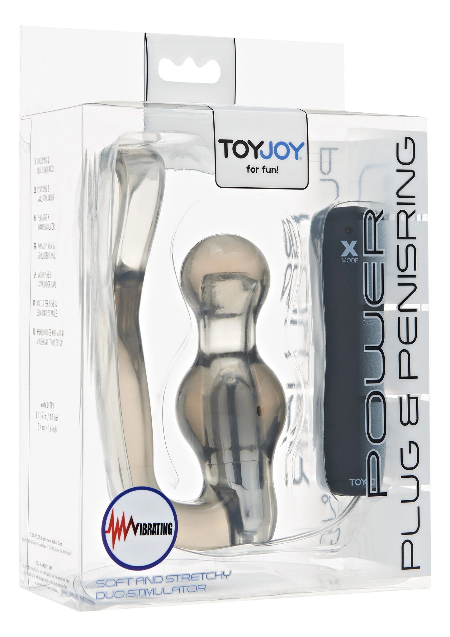 TOYJOY verpakking van vibrerende penisring, met X-modus en productillustratie