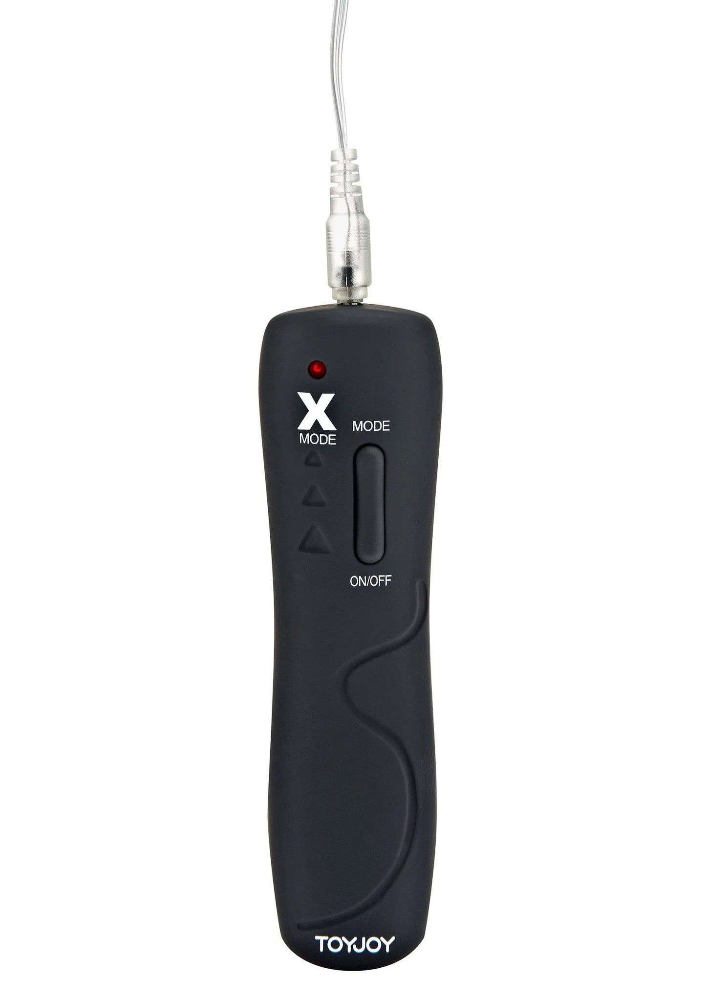 Zwarte controller met kabel en knoppen voor vibratie, rood lampje bovenaan