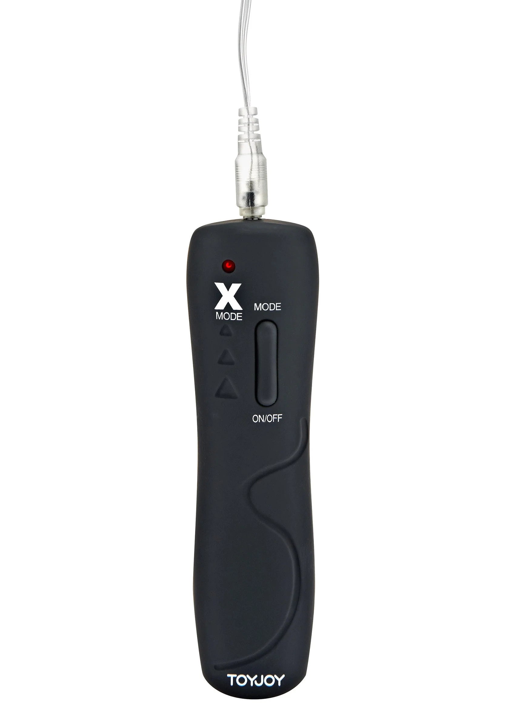 Zwarte controller met kabel en knoppen voor vibratie, rood lampje bovenaan