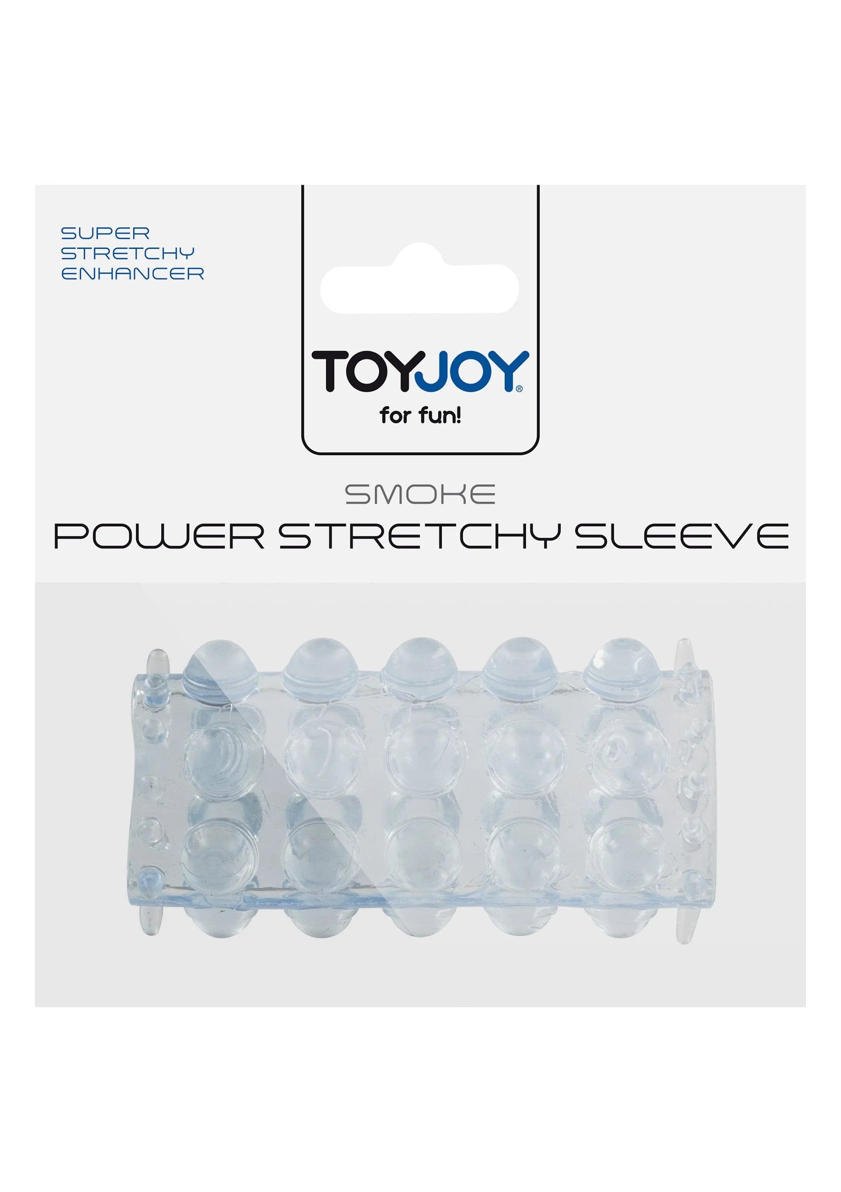 Rekbare sleeve met noppen, lichtblauw transparant op verpakking ToyJoy Smoke