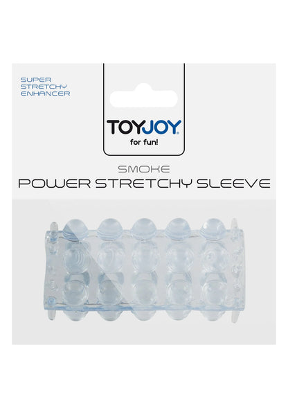 Rekbare sleeve met noppen, lichtblauw transparant op verpakking ToyJoy Smoke