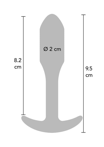 Afmetingenschets: zwarte anale plug Ø 2 cm, 8,2 cm lang, 9,5 cm breed