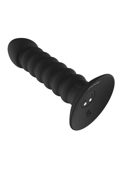 Zwarte vibrerende anale plug in 3/4 zicht met brede ronde voet
