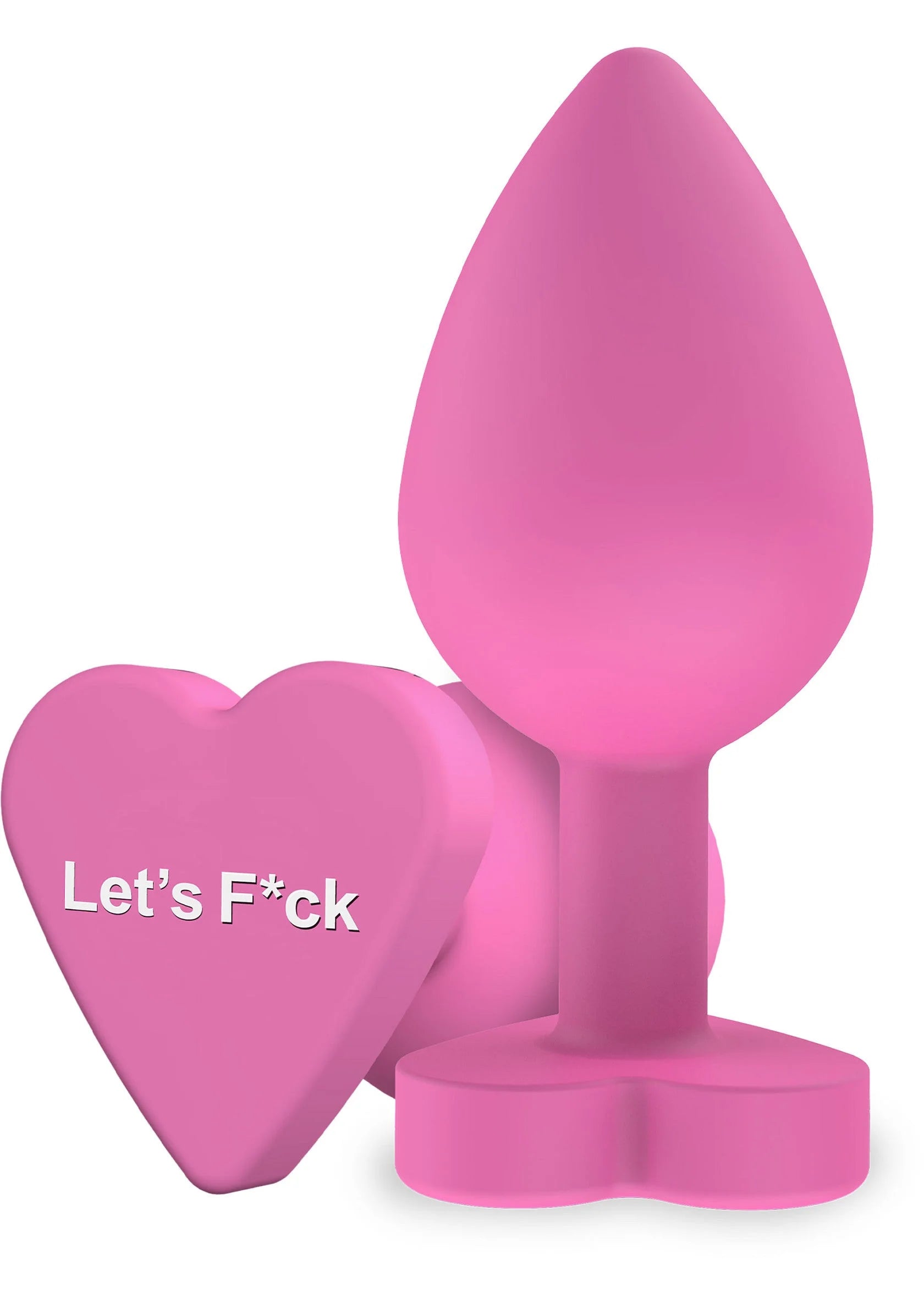Roze buttplug met druppelvormige punt en hartvormige voet met opdruk