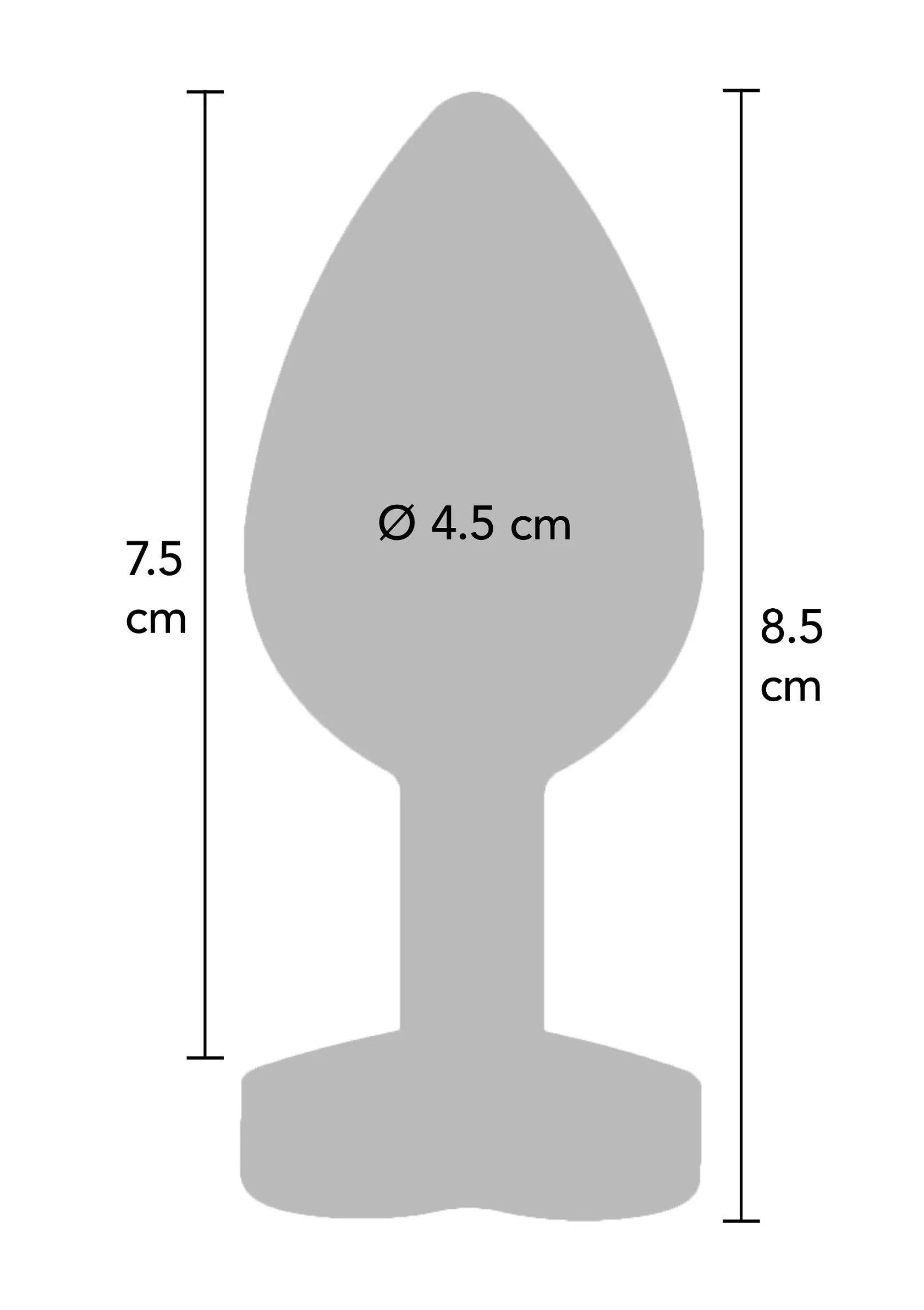 Schematische afmeting van buttplug: Ø 4,5 cm; 7,5–8,5 cm hoog