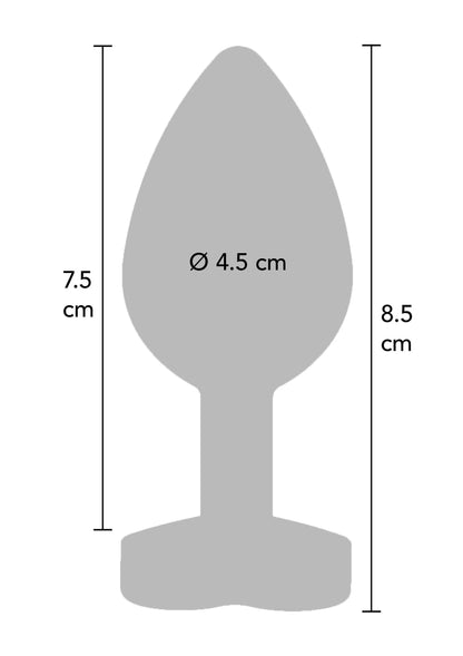 Schematische afmeting van buttplug: Ø 4,5 cm; 7,5–8,5 cm hoog