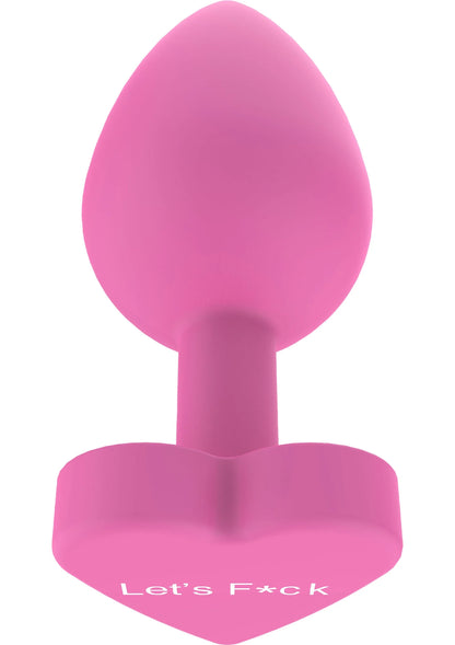 Roze buttplug met brede voet en hartvormige basis met bedrukking