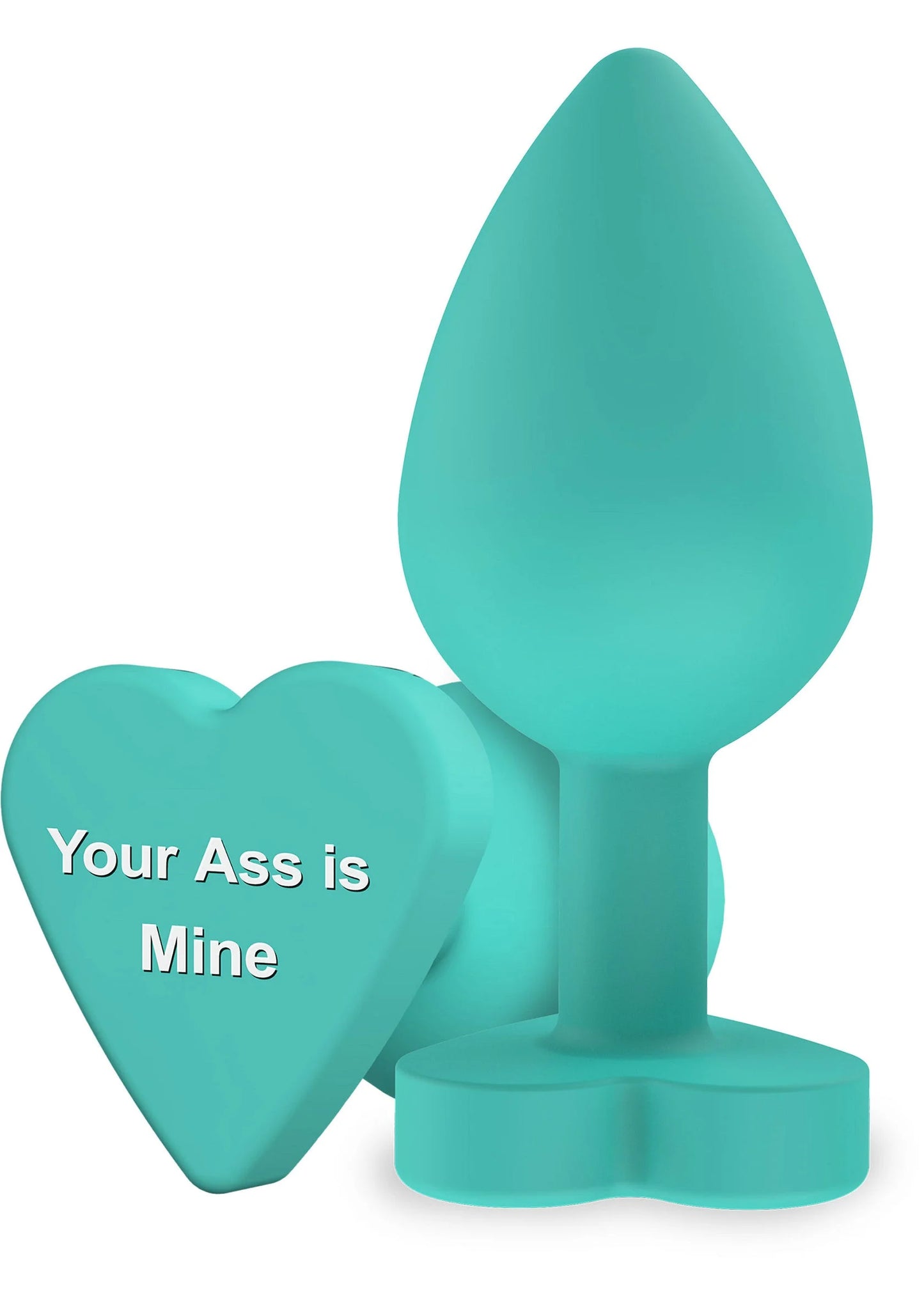 Buttplug van teal met druppeluiteinde en hartvormige flens als basis