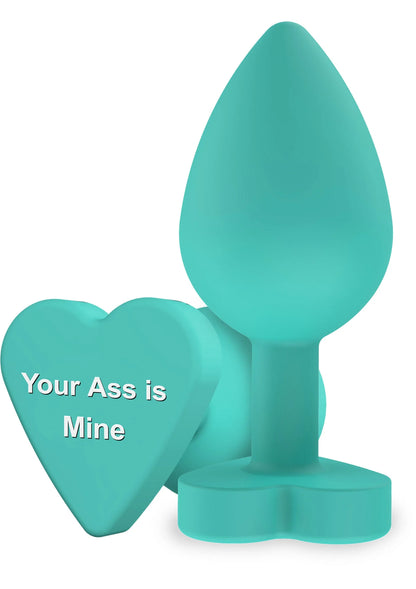 Buttplug van teal met druppeluiteinde en hartvormige flens als basis