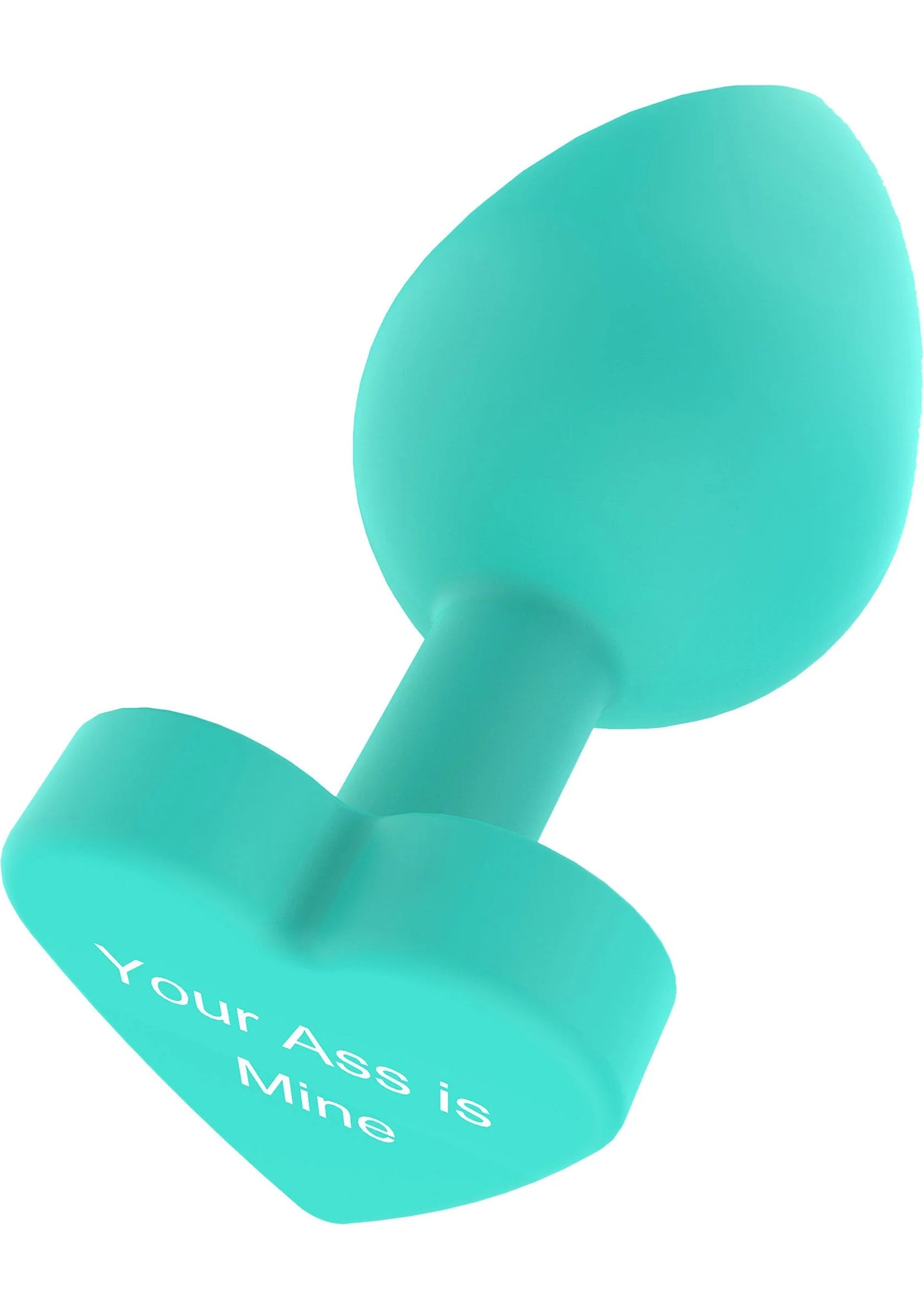 Buttplug van teal met druppeluiteinde en hartvormige basis met witte tekst op flens