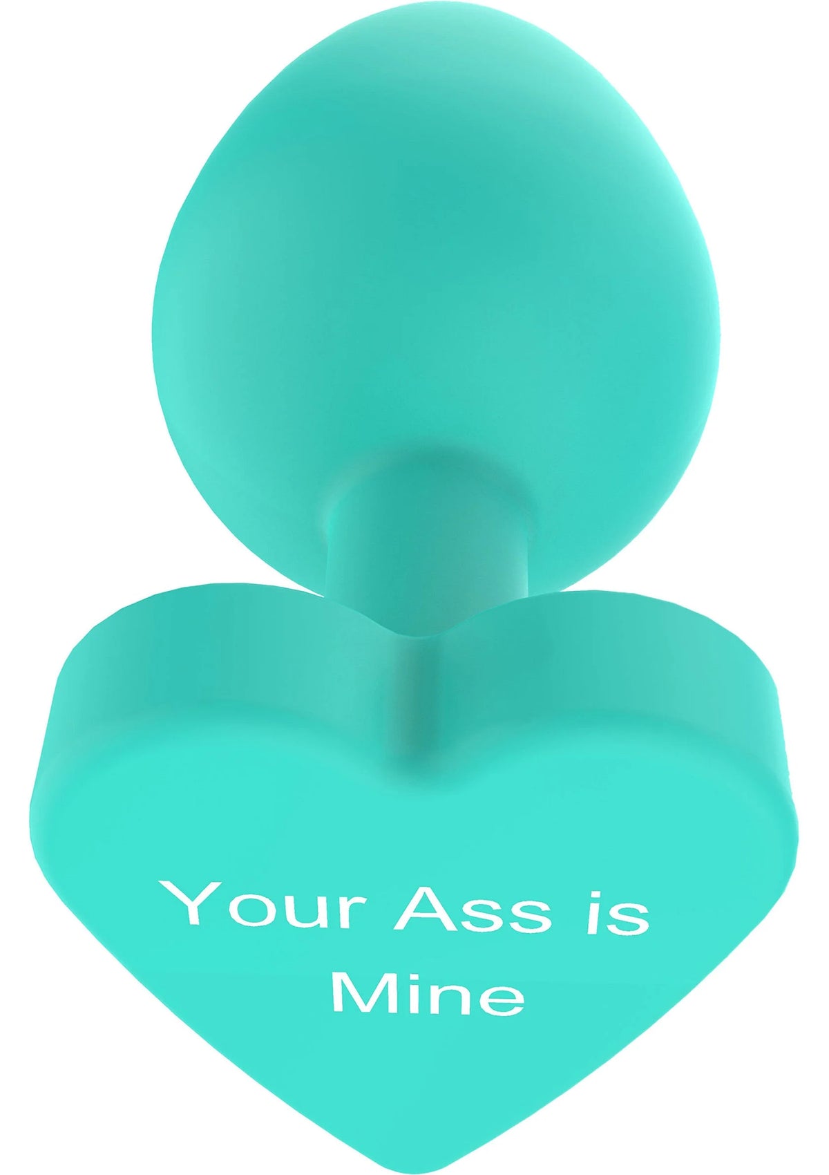 Buttplug van teal met druppeluiteinde en hartvormige basis; witte tekst op hart