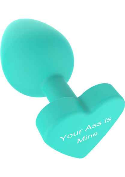 Buttplug van teal met druppeluiteinde en hartvormige flens; witte tekst op basis