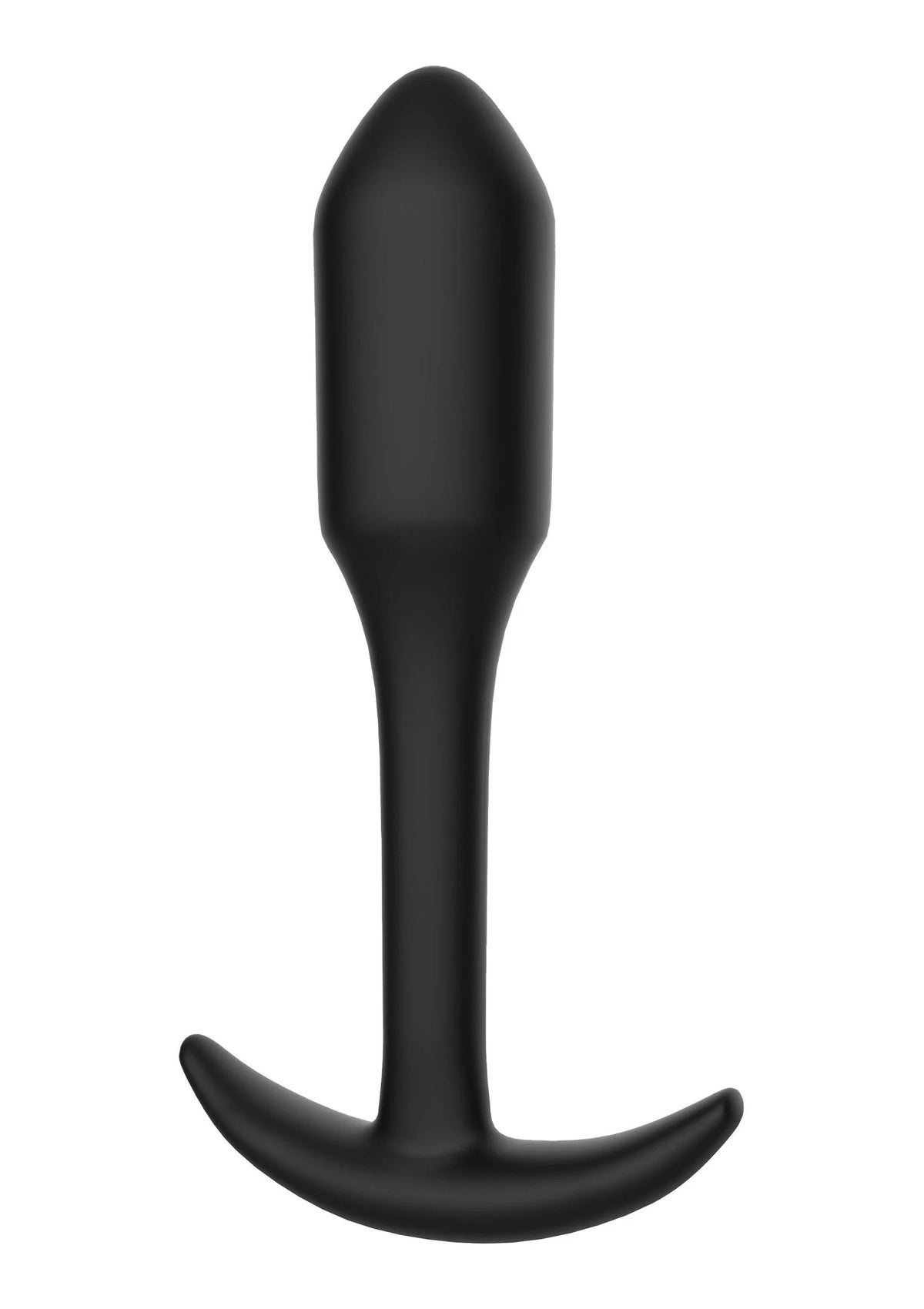 Zwarte anale plug met gladde, kegelvormige punt en gebogen flens.