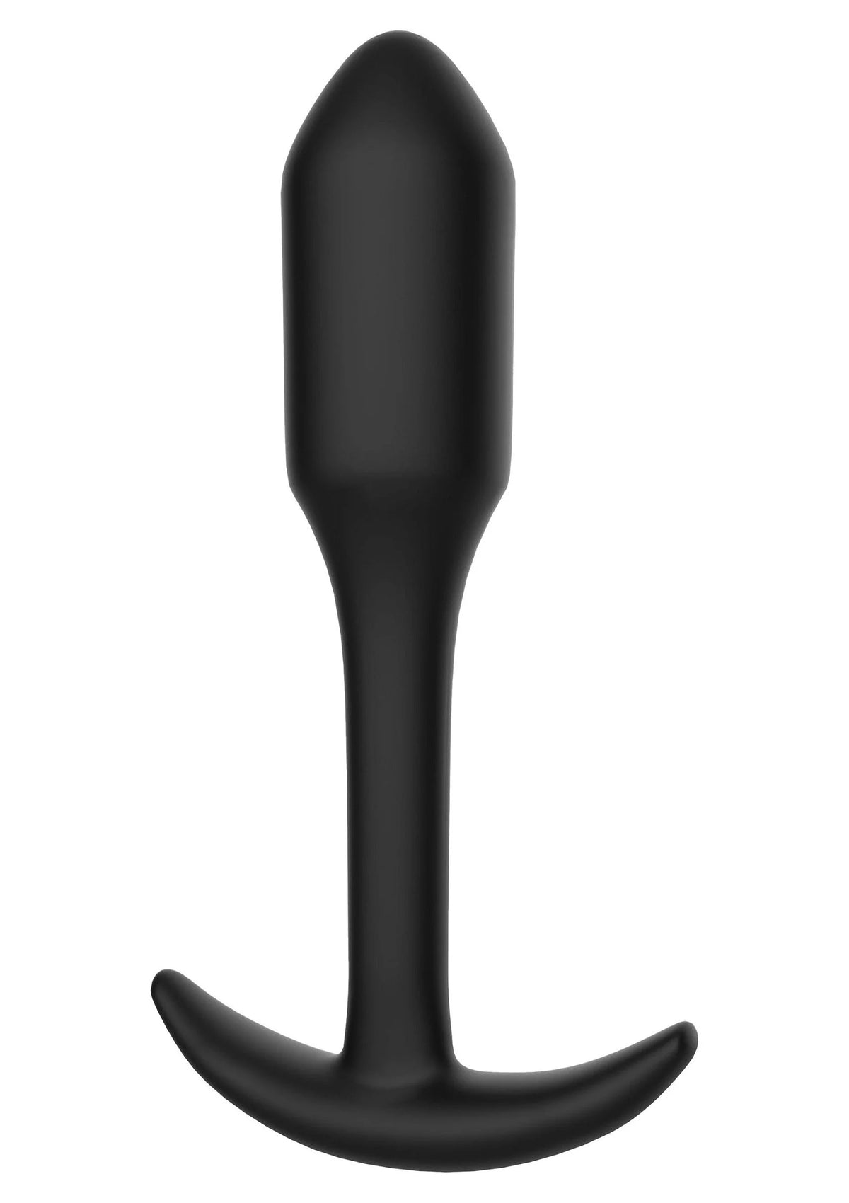 Zwarte anale plug met ronde flens en taps toelopende vorm, glad oppervlak