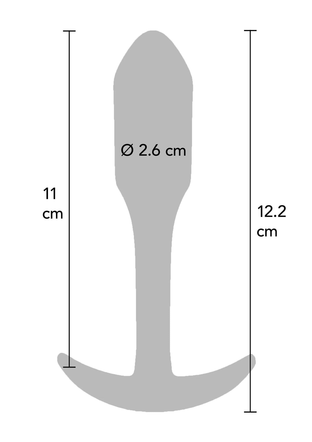 Afmetingen: 11 cm hoog, Ø 2,6 cm, 12,2 cm; zwarte anale plug