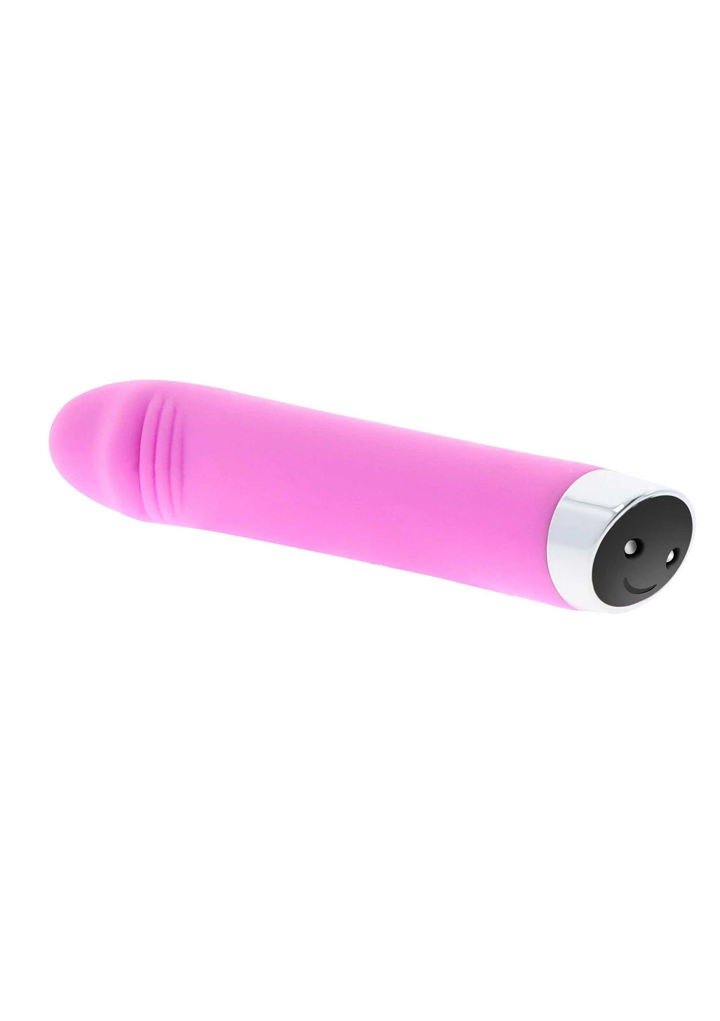 Roze vibrator met ribbels en afgeronde kop, ronde motorzijde met gaatjes