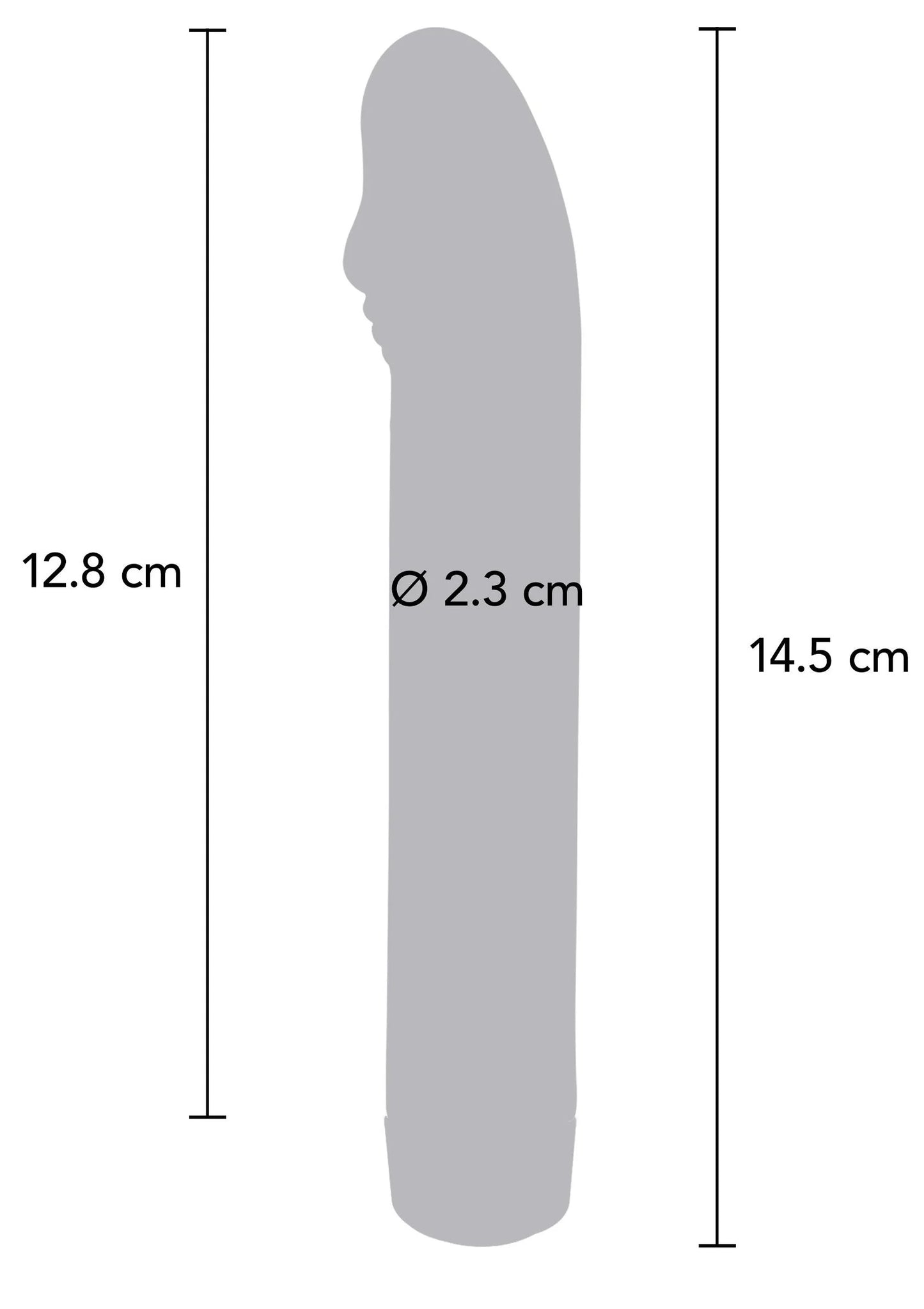 Vibrator afmetingstekening: 14,5 cm hoogte en Ø 2,3 cm diameter