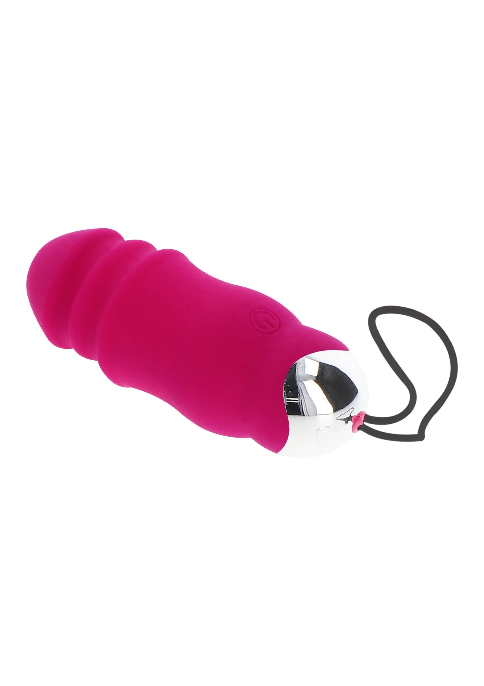Roze geribbelde siliconen vibrator met chroomkop en zwart koordlus