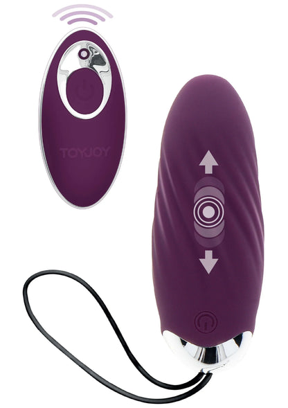 Paarse ovale eier-vibrator met zilveren onderkant en zwarte kabel, bedieningspijlen