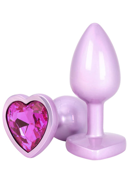 Lila buttplug met hartvormige roze steen, ronde voet en gladde steel