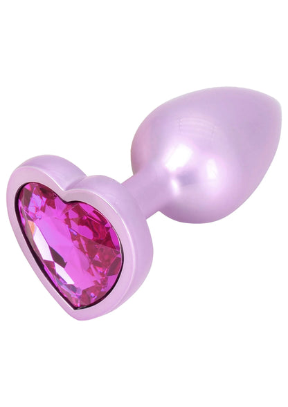 Lila buttplug met hartvormige roze steen en afgeronde voetflens